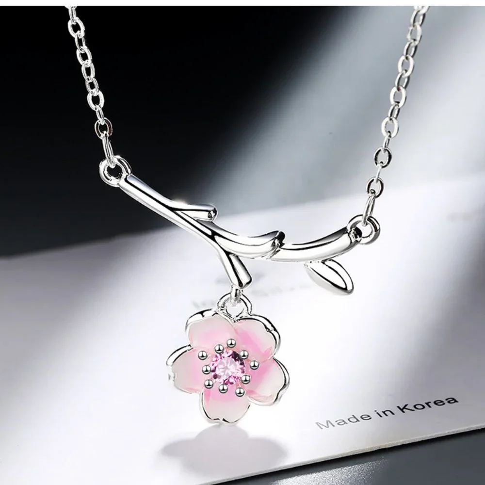 #NEW 925 Sterling Silver Pink White Diamond Cherry Blossom Leaf Branch Necklace